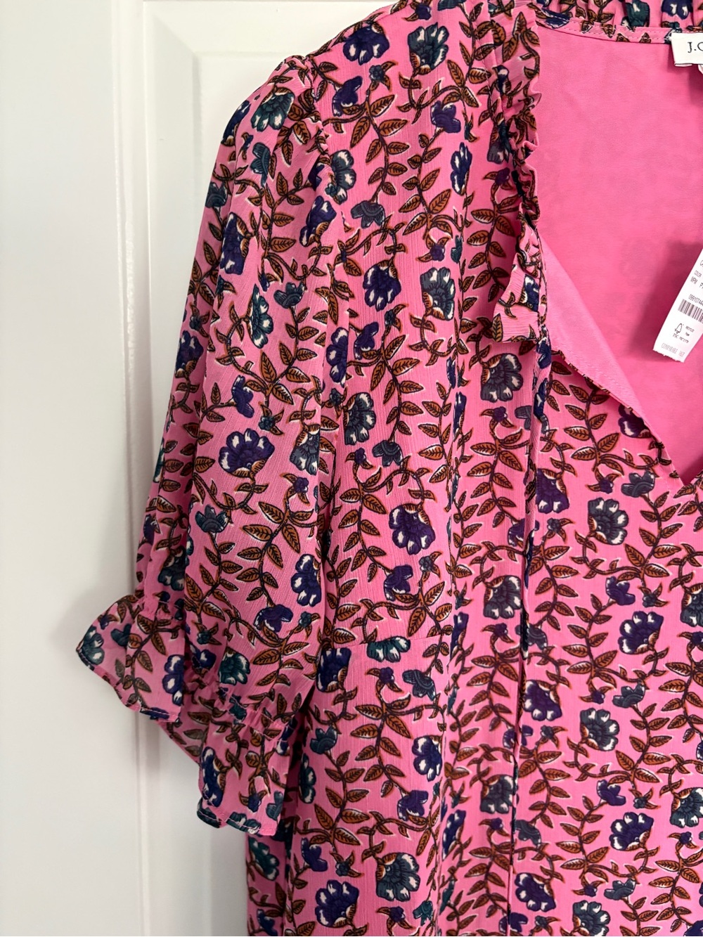 NWT J. Crew L Pink Floral V-Neck Quarter Sleeve Top - Picture 2 of 7